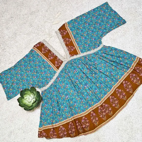 GiGiO Brand Dress Teal Multi Floral Print Crochet Trim Size Small - Picture 6 of 10